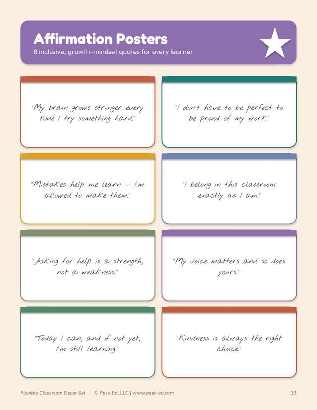 Affirmation Posters page: eight handwritten-style quote cards, including I belong in this classroom exactly as I am, Mistakes help me learn, Asking for help is a strength not a weakness, and Kindness is always the right choice.