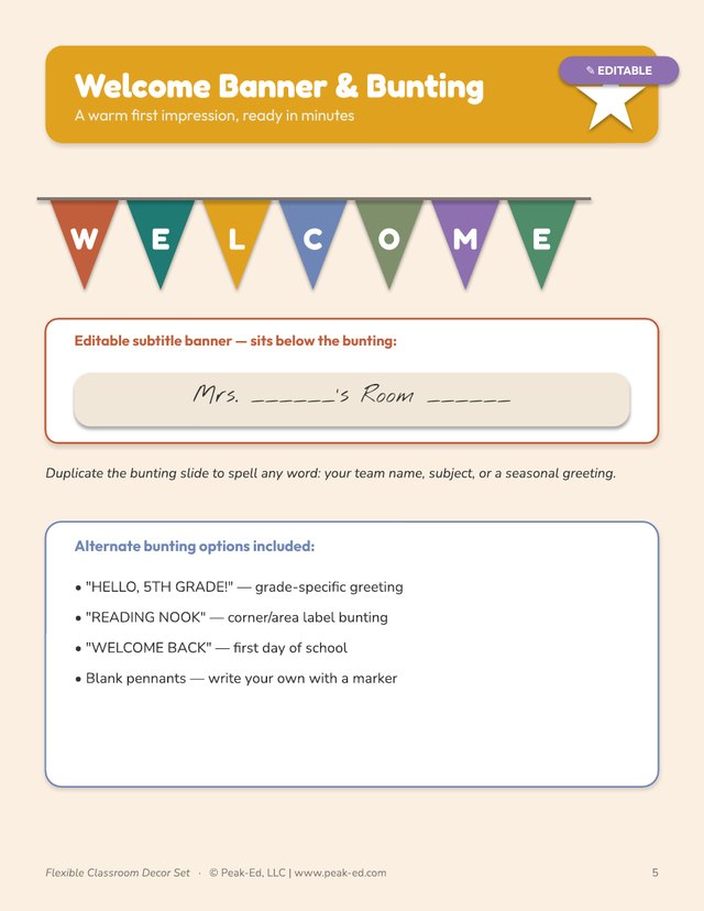Welcome Banner and Bunting page: seven triangular pennants spelling W-E-L-C-O-M-E in alternating boho colors on a string, an editable subtitle banner reading Mrs. blank's Room blank in handwriting, and a list of alternate bunting options reading HELLO 5TH GRADE, READING NOOK, WELCOME BACK and blank pennants.
