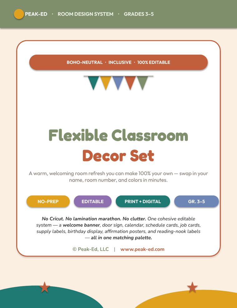 Cover page of the Flexible Classroom Decor Set, the same cover shown on TpT: a cream title page under a sage header reading Peak-Ed, Room Design System, Grades 3-5, with a small bunting of five pennants, the title Flexible Classroom Decor Set, a line describing it as a room refresh you can make your own by swapping in your name, room number and colors, four colored labels reading No-Prep, Editable, Print + Digital and Gr. 3-5, and a closing line reading no Cricut, no lamination marathon, no clutter.