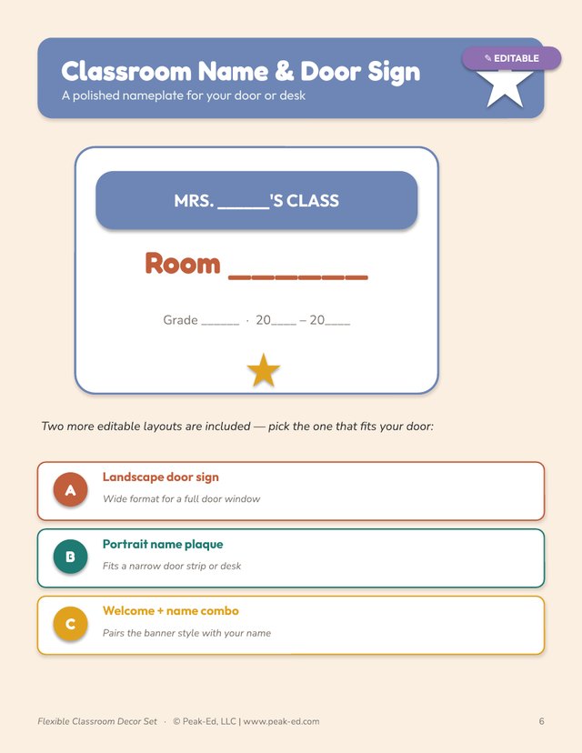 Classroom Name and Door Sign page: a slate-blue nameplate reading MRS. blank'S CLASS above a rust Room blank line, a Grade and school-year line and a gold star, followed by three further editable layout options described as a landscape door sign, a portrait name plaque, and a welcome plus name combo.