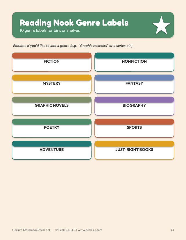 Reading Nook Genre Labels page: ten labels with colored header bars reading Fiction, Nonfiction, Mystery, Fantasy, Graphic Novels, Biography, Poetry, Sports, Adventure and Just-Right Books.