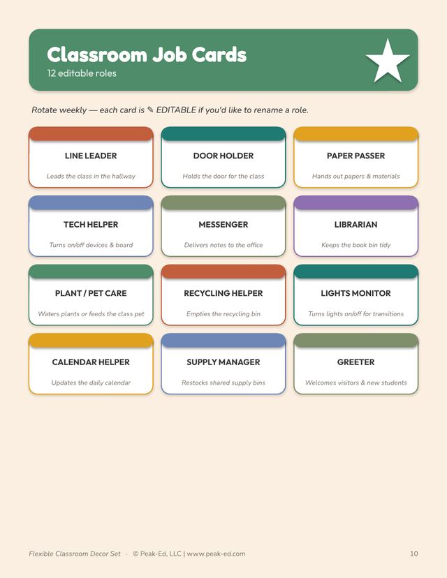 Classroom Job Cards page: twelve editable role cards in a grid, including Line Leader, Door Holder, Paper Passer, Tech Helper, Messenger, Librarian, Plant or Pet Care, Recycling Helper, Lights Monitor, Calendar Helper, Supply Manager and Greeter, each with a one-line job description.