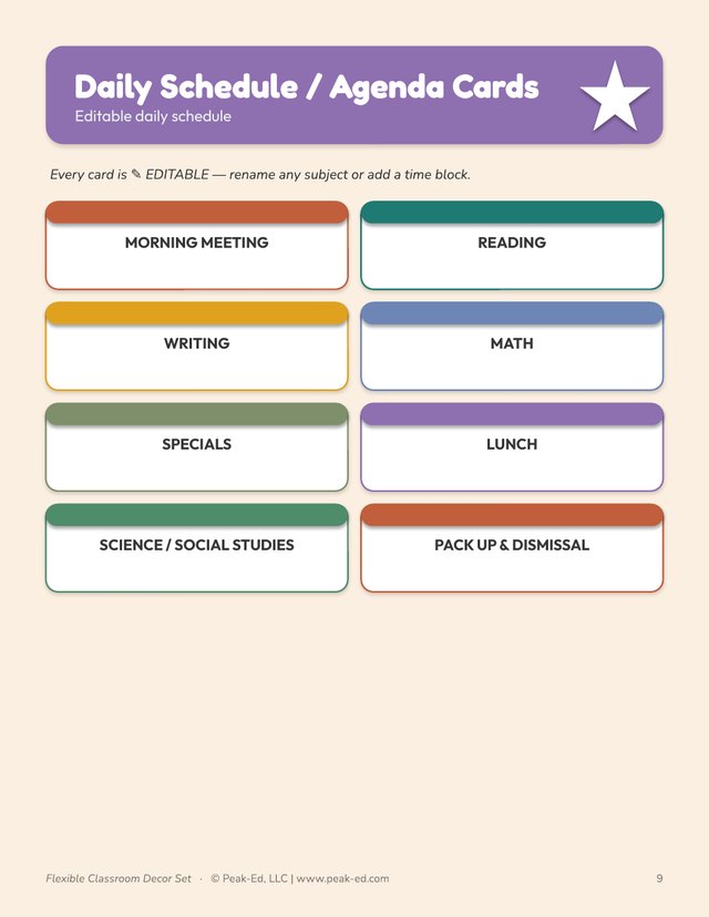 Daily Schedule and Agenda Cards page: eight editable cards with colored header bars reading Morning Meeting, Reading, Writing, Math, Specials, Lunch, Science slash Social Studies, and Pack Up and Dismissal.