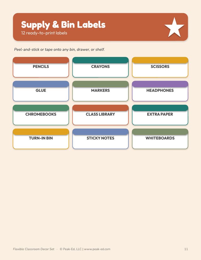 Supply and Bin Labels page: twelve ready-to-print labels with colored header bars reading Pencils, Crayons, Scissors, Glue, Markers, Headphones, Chromebooks, Class Library, Extra Paper, Turn-In Bin, Sticky Notes and Whiteboards.