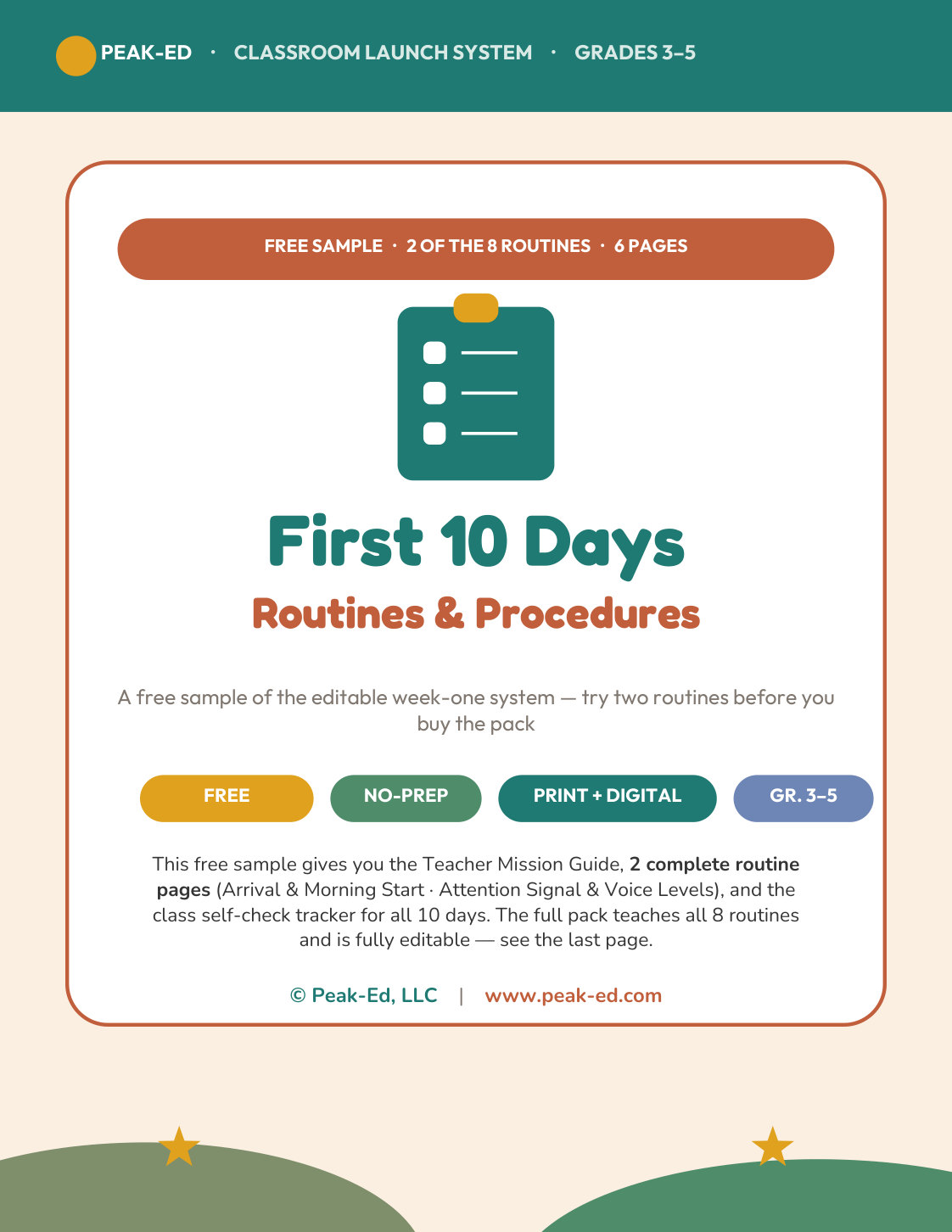 Cover of the First 10 Days Routines and Procedures free sample: a six-page grades 3 to 5 printable covering two of the eight routines.